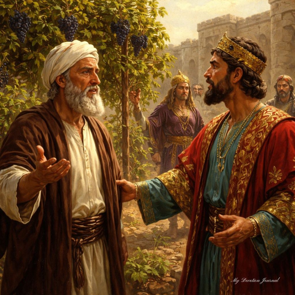Illustration of Naboth refusing King Ahab’s request for his vineyard in 1 Kings 21, showing obedience to God over royal authority
