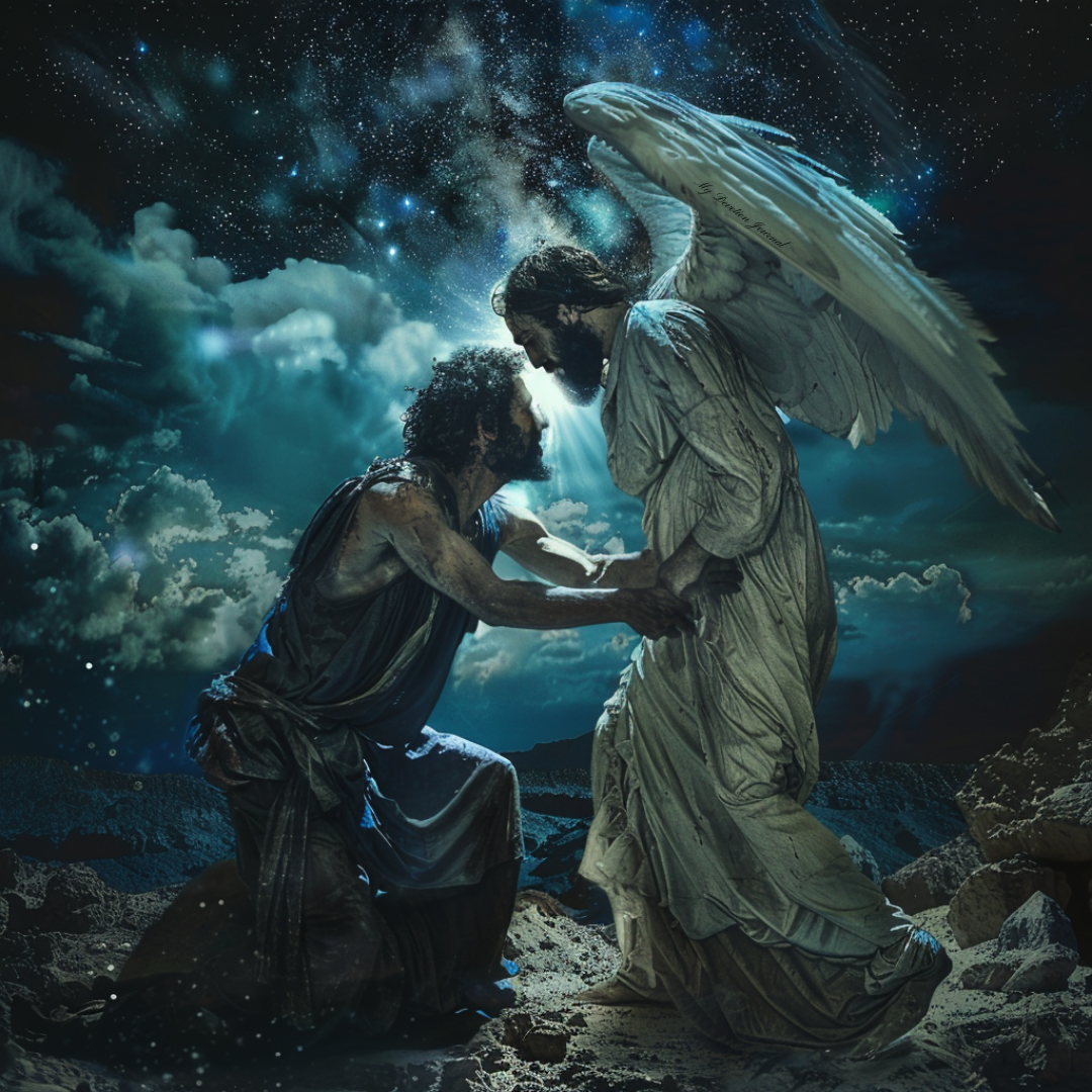 Jacob wrestling God in Genesis 32 at the river Jabbok, depicting surrender, faith, and spiritual growth through divine encounter