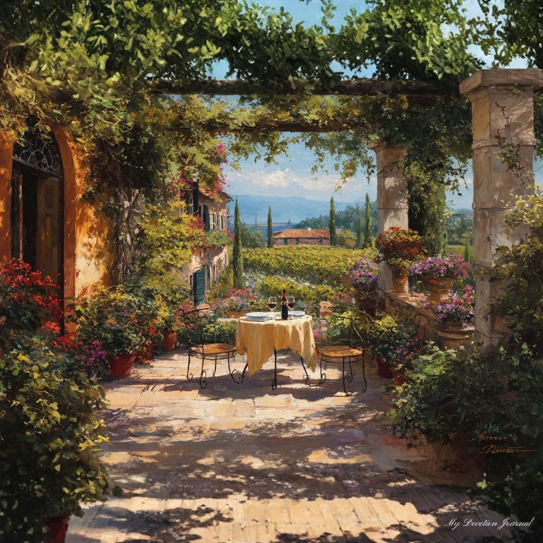 Sunlit garden terrace reflecting Psalm 90 wisdom to number our days with an eternal perspective for daily devotion and spiritual growth