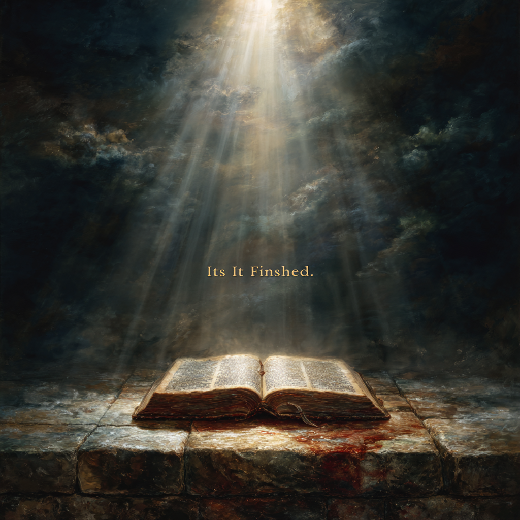 Assurance of salvation illustration showing open Bible on stone foundation with light from heaven and “It Is Finished” text symbolizing Christ’s completed work