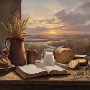 Open Bible with bread and milk on a wooden table at sunrise illustrating Hebrews 5:11–14 and the danger of spiritual stagnation in Christian growth