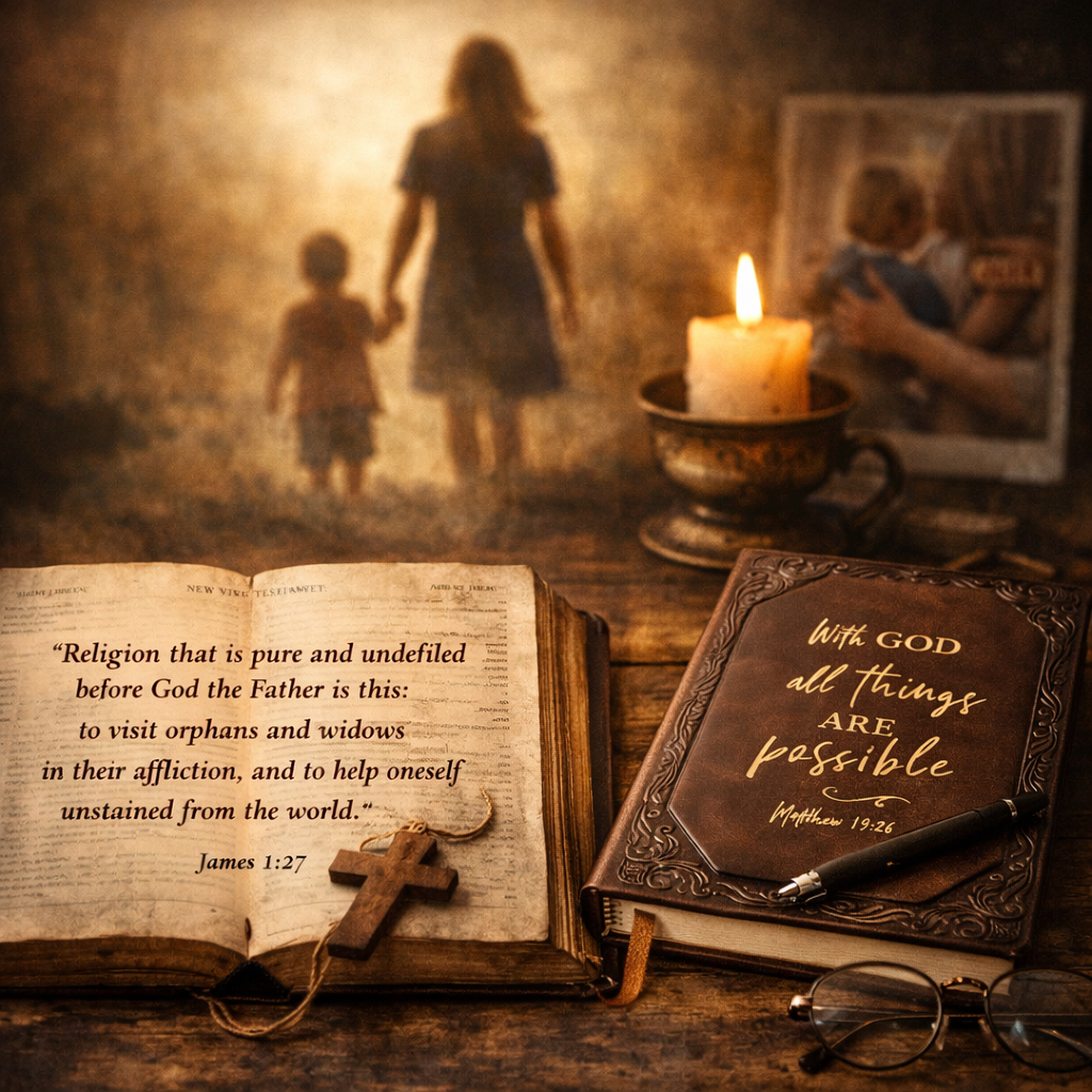 Open Bible on James 1:27 beside the My Devotion Journal prayer journal illustrating genuine faith through obedience mercy and holiness