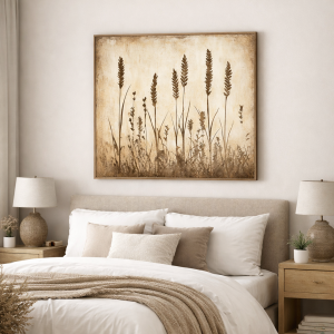 Parable of the Weeds Christian wall art printable displayed above neutral bedroom decor inspired by Matthew 13 Bible parable